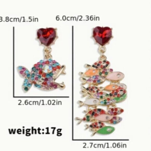 Blue Green Irregular Fish Pendant Drop Rhinestone Heart Earrings - Picture 4 of 8